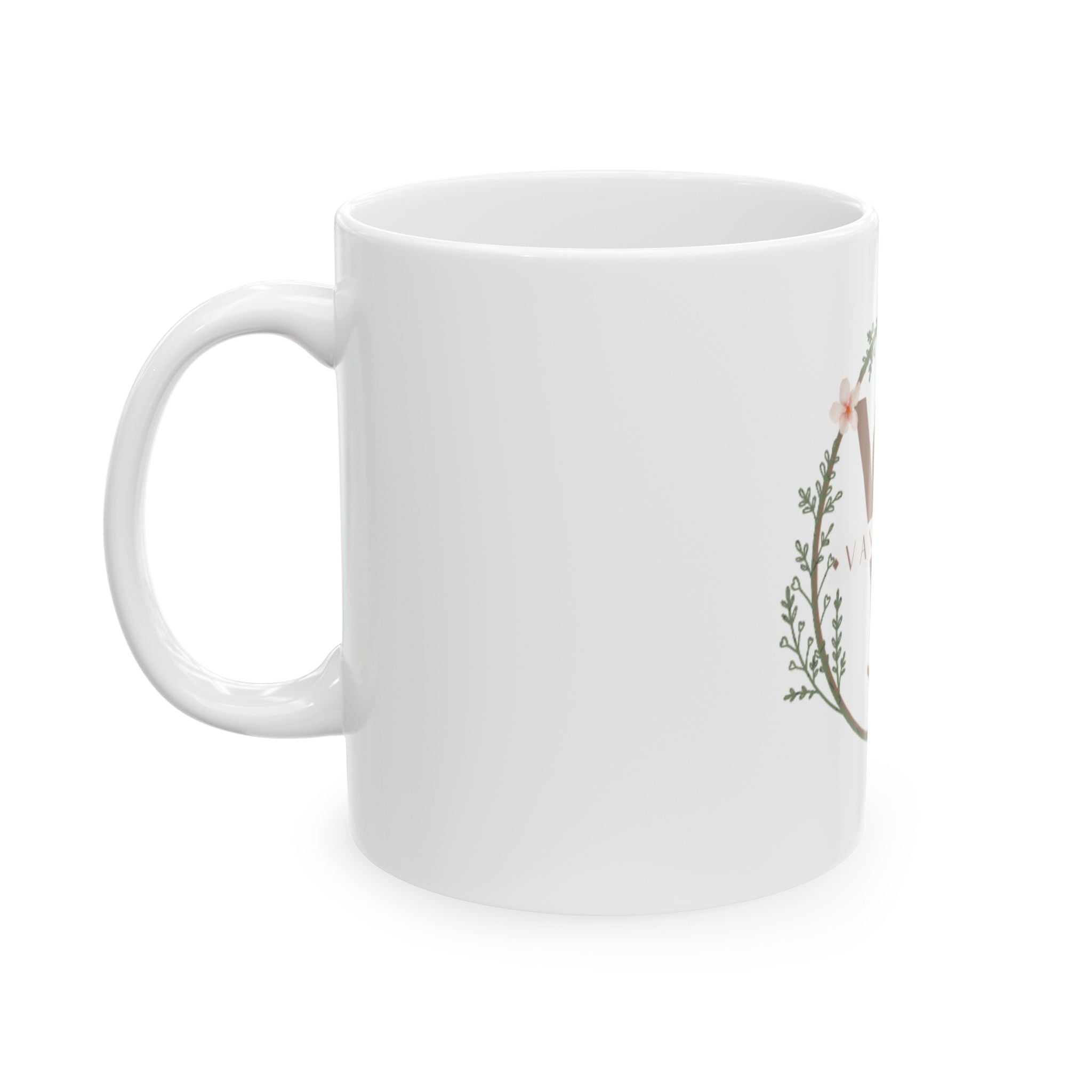 Floral Monogram Ceramic Mug – Personalized 'V' Initial Coffee Cup (11oz & 15oz)